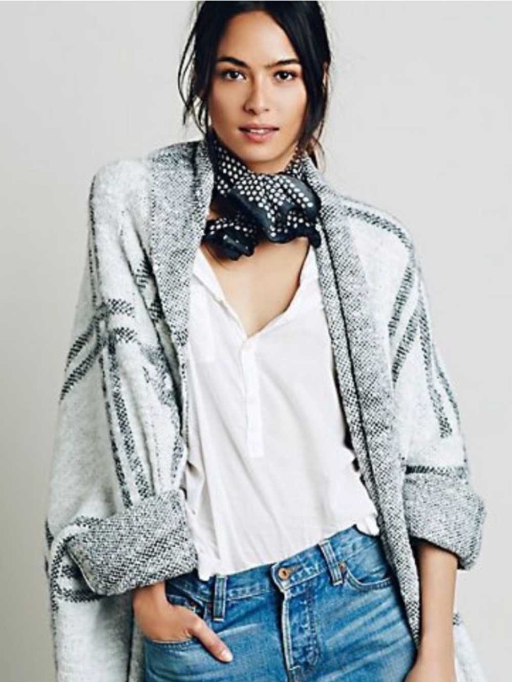 Free People Windowpane Cardigan Sweater Coat Jacket Wool Blend